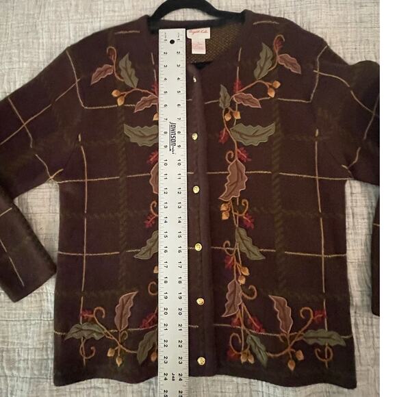 Crystal-Kole - WOMAN M Cardigan - Brown Autumn Embroidery - Thanksgiving - EUC - Picture 5 of 8